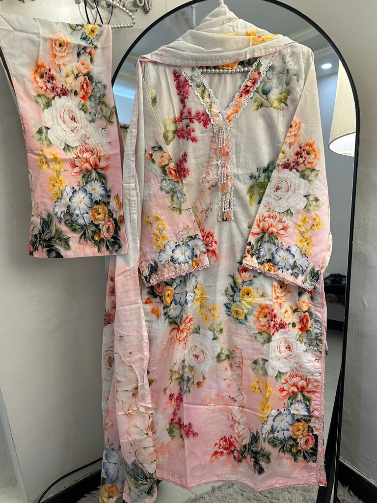 Blossom Grace Lawn 3-Piece with Lawn Dupatta – Lace & Pearl Detail