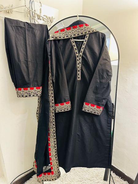 Midnight Noir Tilla Embroidered 3 Piece Suit – Premium Solid Collection