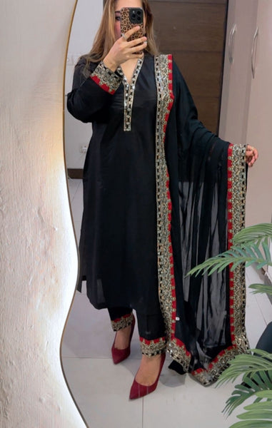 Midnight Noir Tilla Embroidered 3 Piece Suit – Premium Solid Collection