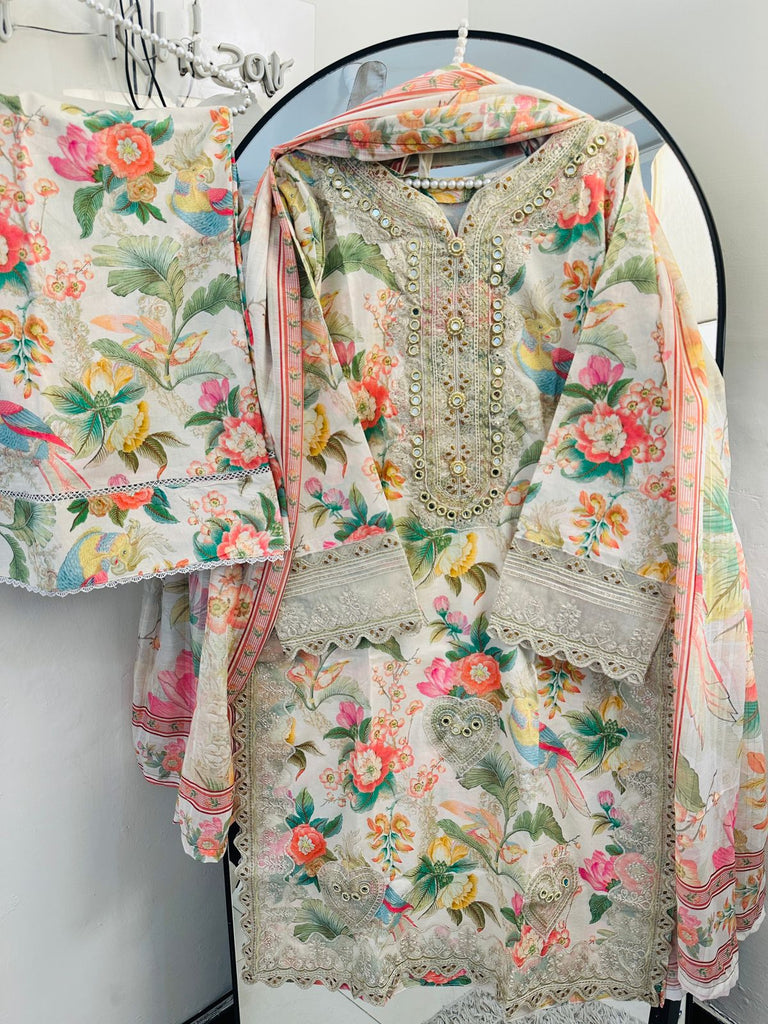 Floral Mirror & Heart Tilla Embroidered Lawn Suit with Farshi Shalwar – 3 Piece