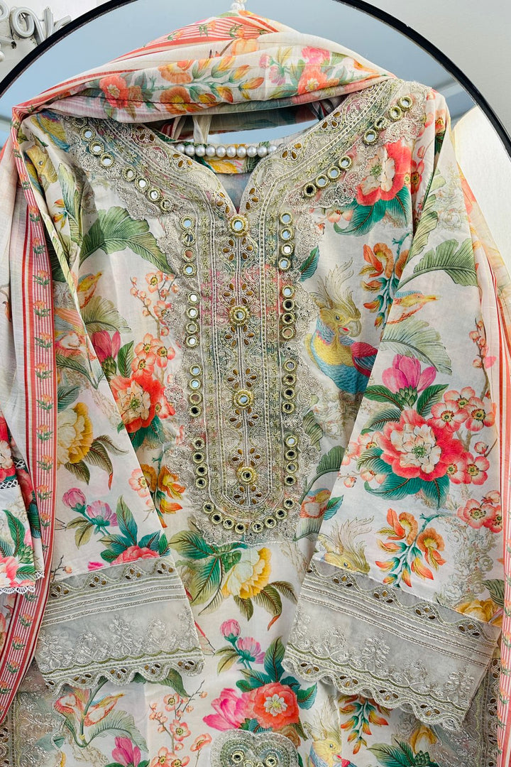 Floral Mirror & Heart Tilla Embroidered Lawn Suit with Farshi Shalwar – 3 Piece