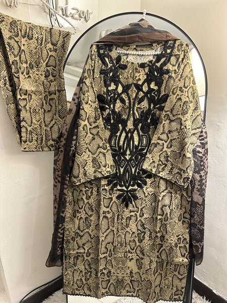 Luxury Animal Print 3PC Suit with Black Embroidered Shirt & Printed Dupatta