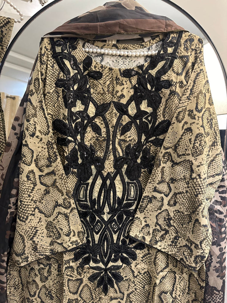 Luxury Animal Print 3PC Suit with Black Embroidered Shirt & Printed Dupatta