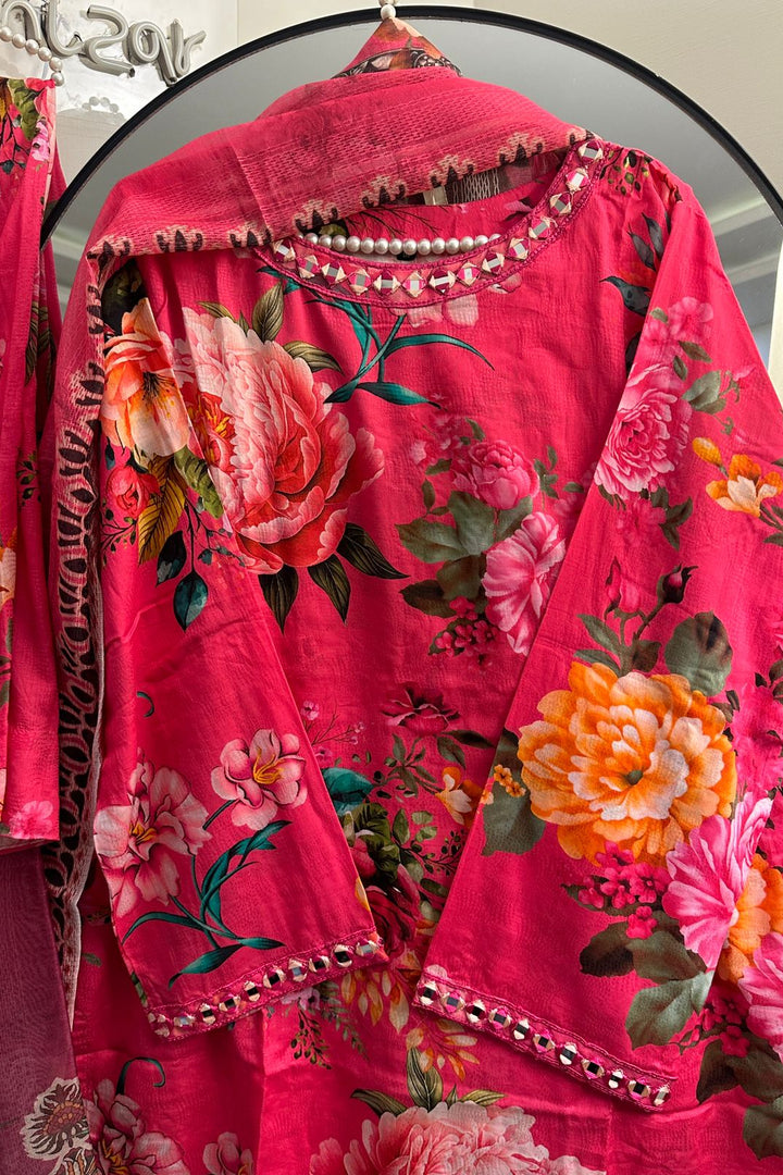 Floral Flapper Short Shirt with Dupatta – Mirror Work Neck & Sleeves