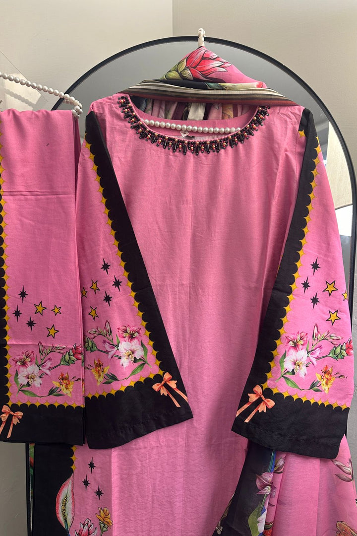 Pink Blossom Printed Lawn 3 Piece Suit with Pearl Neckline
