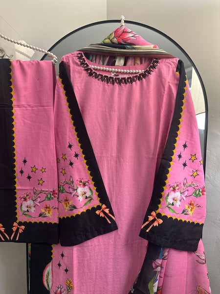 Pink Blossom Printed Lawn 3 Piece Suit with Pearl Neckline
