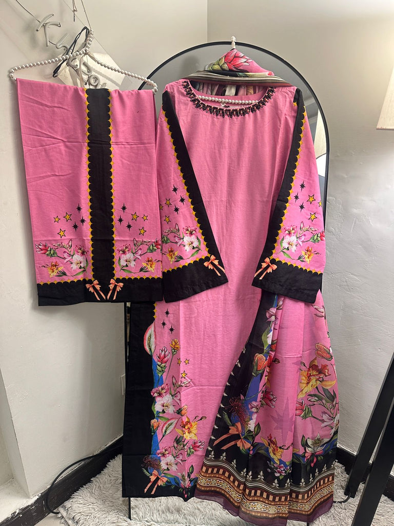 Pink Blossom Printed Lawn 3 Piece Suit with Pearl Neckline