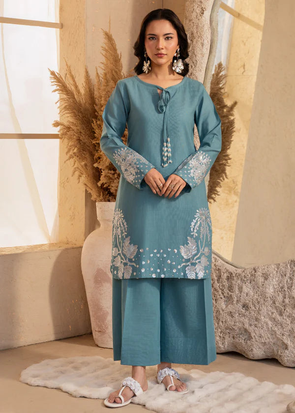 Teal Elegance Handcrafted 2-Piece Suit with Tassel Detail