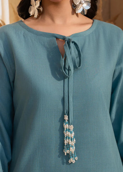 Teal Elegance Handcrafted 2-Piece Suit with Tassel Detail