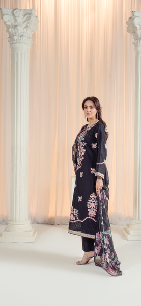 Midnight Floral Elegance – 3 Piece Embroidered Suit