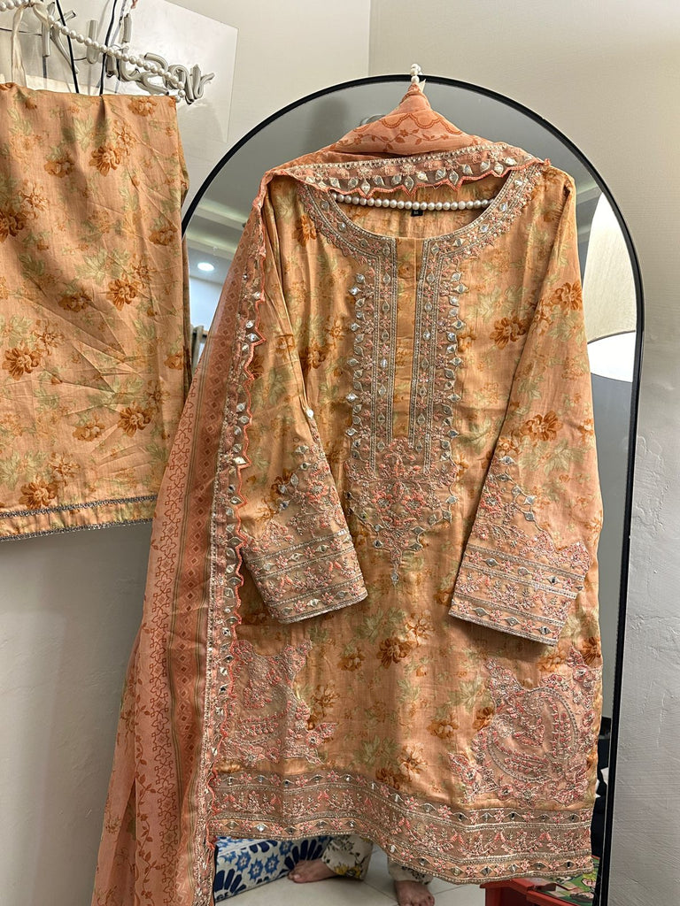 Peach Blossom Embroidered 3-Piece Lawn Suit