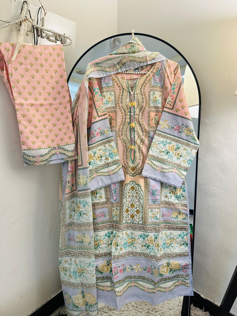 Peach Floral Panel Printed 3PC Lawn Suit – Summer Breeze Edition