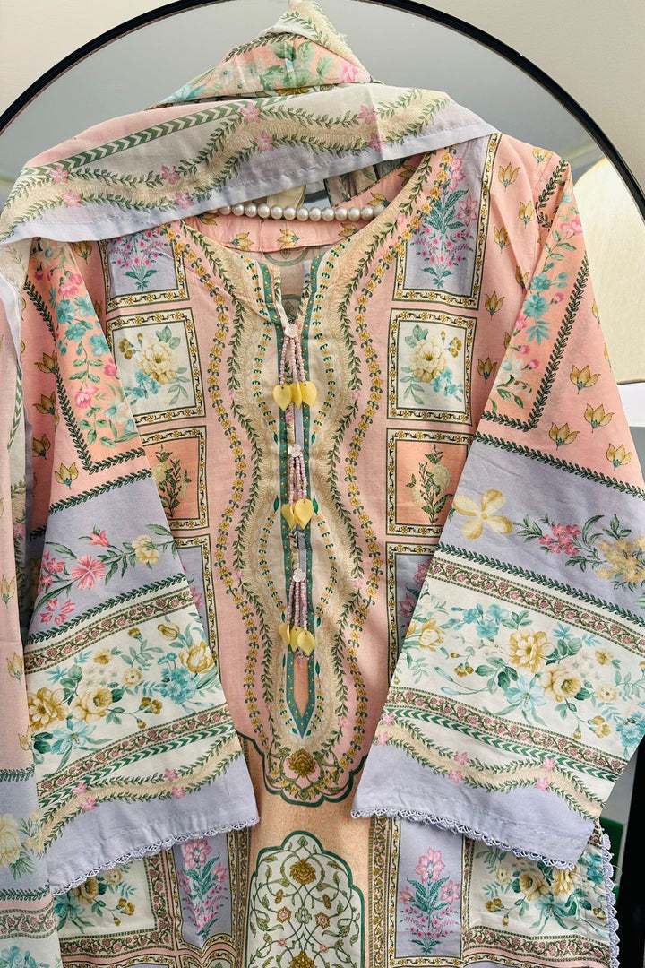 Peach Floral Panel Printed 3PC Lawn Suit – Summer Breeze Edition