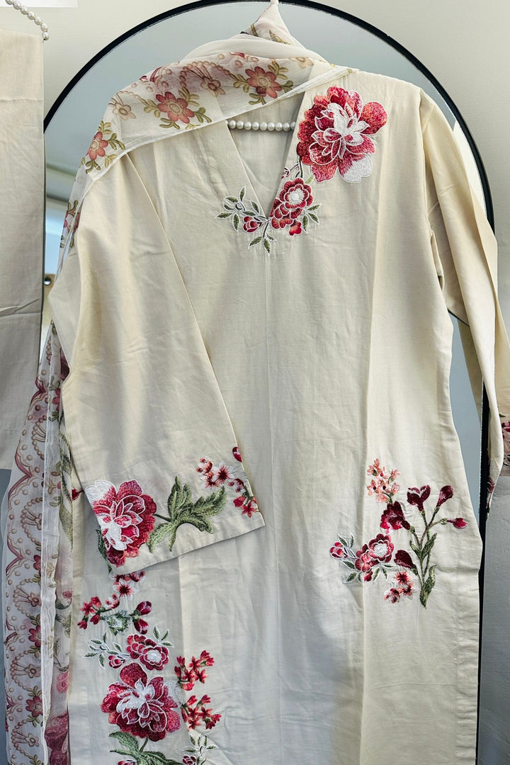Ivory Blossom Embroidered 3-Piece Lawn Suit