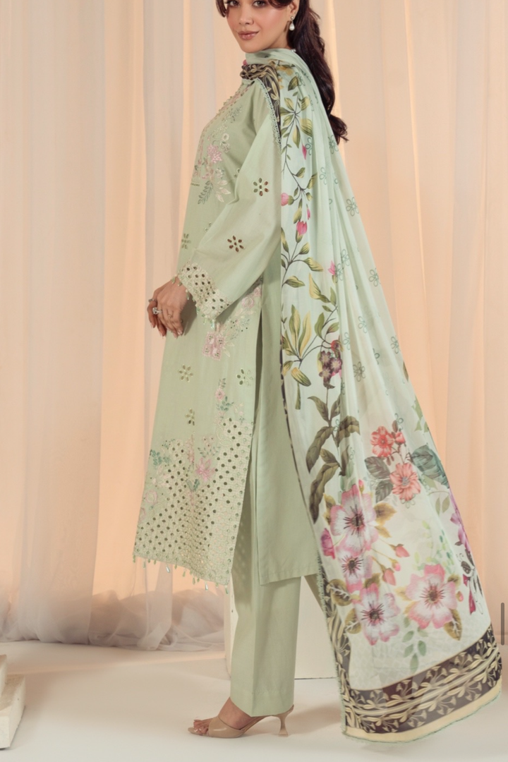 Mint Elegance Chicken Kari 3-Piece Silk Dupatta Suit