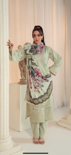 Mint Elegance Chicken Kari 3-Piece Silk Dupatta Suit