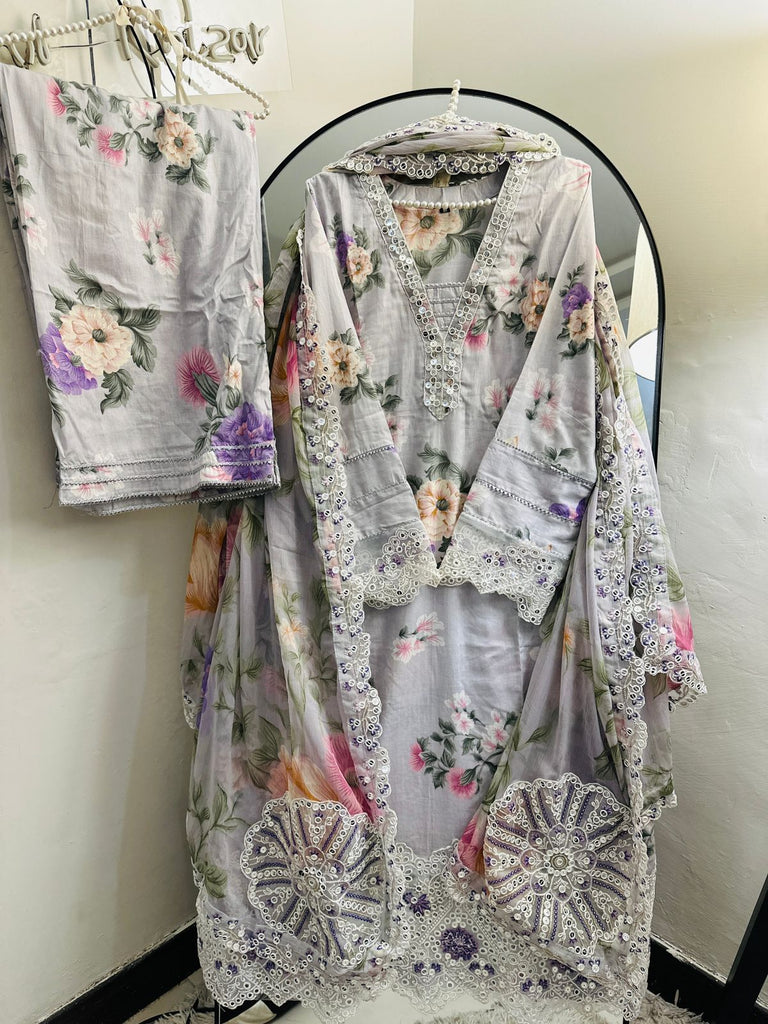 Celeste Bloom Foil & Embroidered 3-Piece Lawn Suit