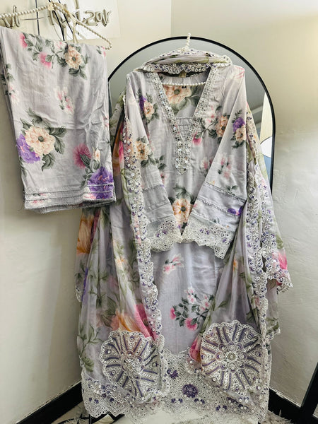 Celeste Bloom Foil & Embroidered 3-Piece Lawn Suit