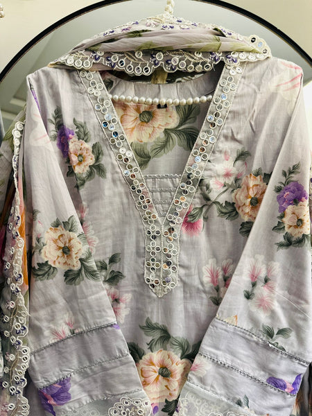 Celeste Bloom Foil & Embroidered 3-Piece Lawn Suit