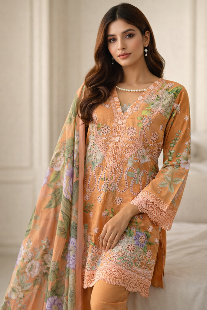 Peach Blossom Embroidered 3PC Lawn Suit – Floral Print with Cutwork Detail | MK Boutique