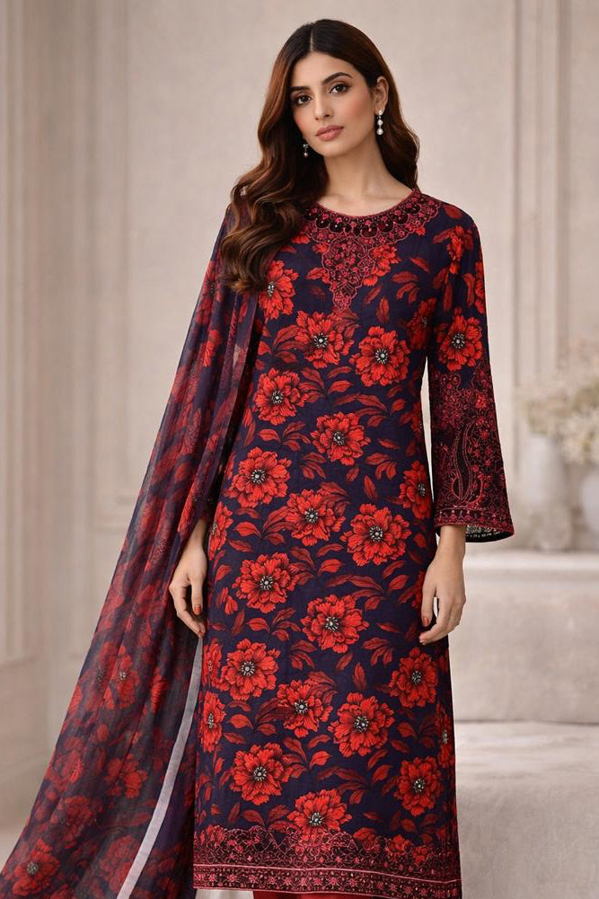 Midnight Red Floral Embroidered 3PC Lawn Suit – Elegant Statement Wear | MK Boutique