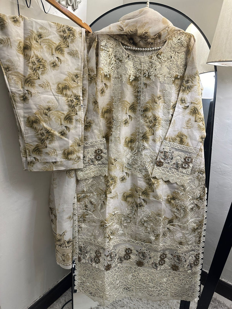 Elegant Beige Floral Embroidered Lawn 3-Piece Sui