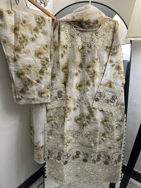 Elegant Beige Floral Embroidered Lawn 3-Piece Sui