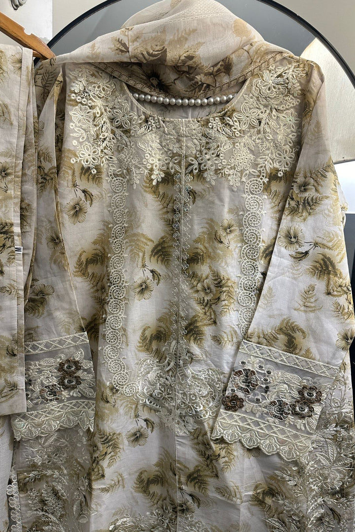 Elegant Beige Floral Embroidered Lawn 3-Piece Sui