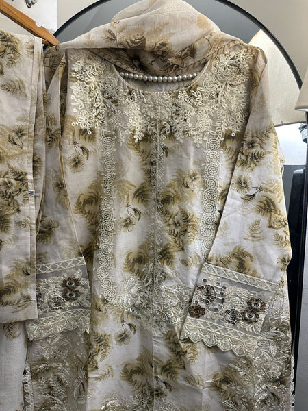 Elegant Beige Floral Embroidered Lawn 3-Piece Sui