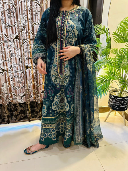 Emerald Heritage 3-Piece Printed Lawn Suit with Matching Dupatta