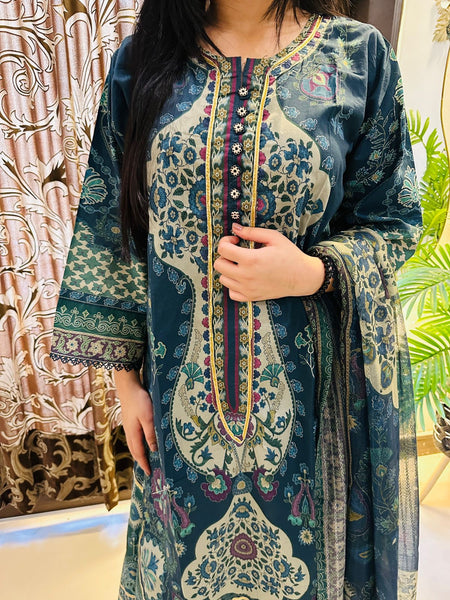 Emerald Heritage 3-Piece Printed Lawn Suit with Matching Dupatta