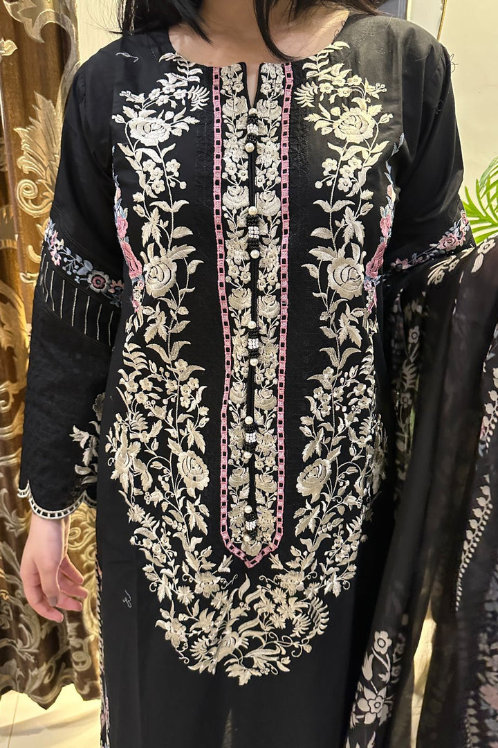 Noir Blossom 3-Piece Embroidered Lawn Suit