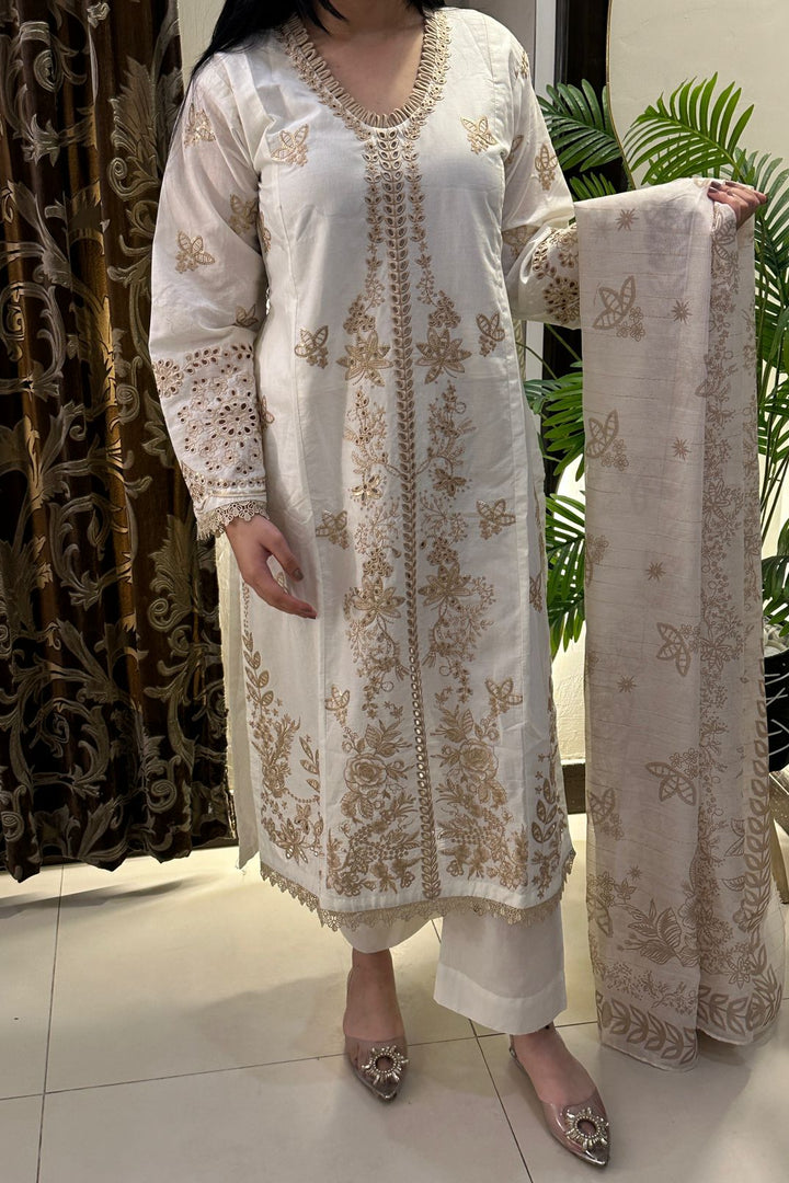 Ivory Gold Embroidered 3-Piece Lawn Suit with Printed Dupatta