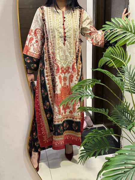 Ivory & Rust Paisley Printed 3 Piece Lawn Suit with Dupatta