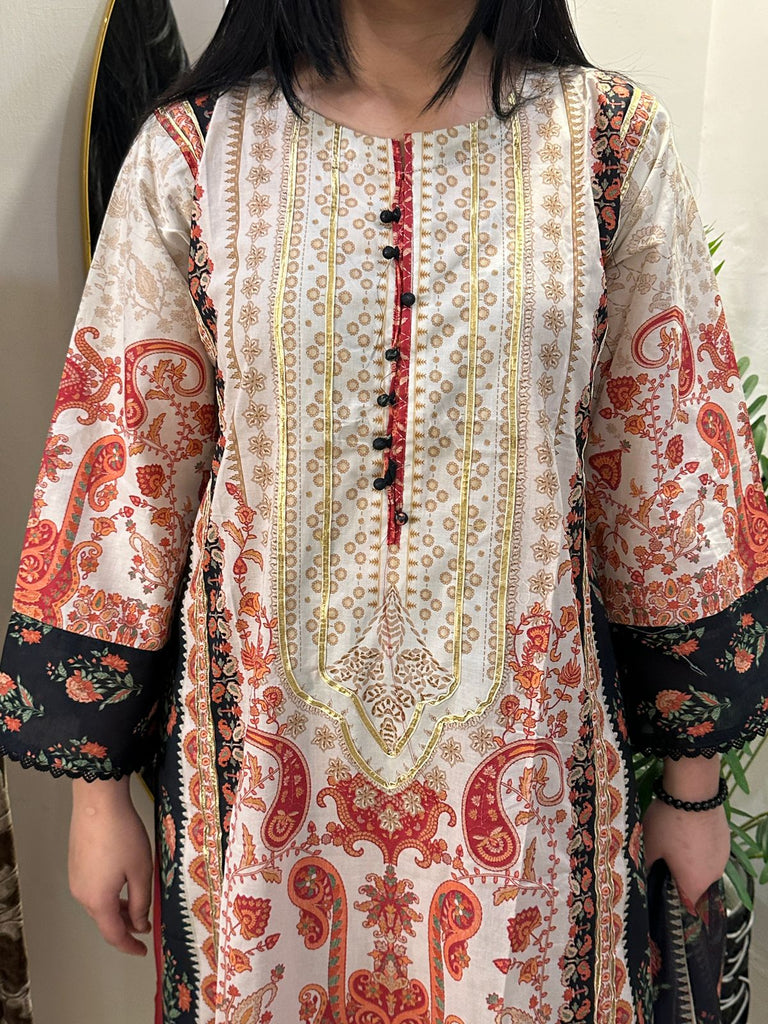 Ivory & Rust Paisley Printed 3 Piece Lawn Suit with Dupatta