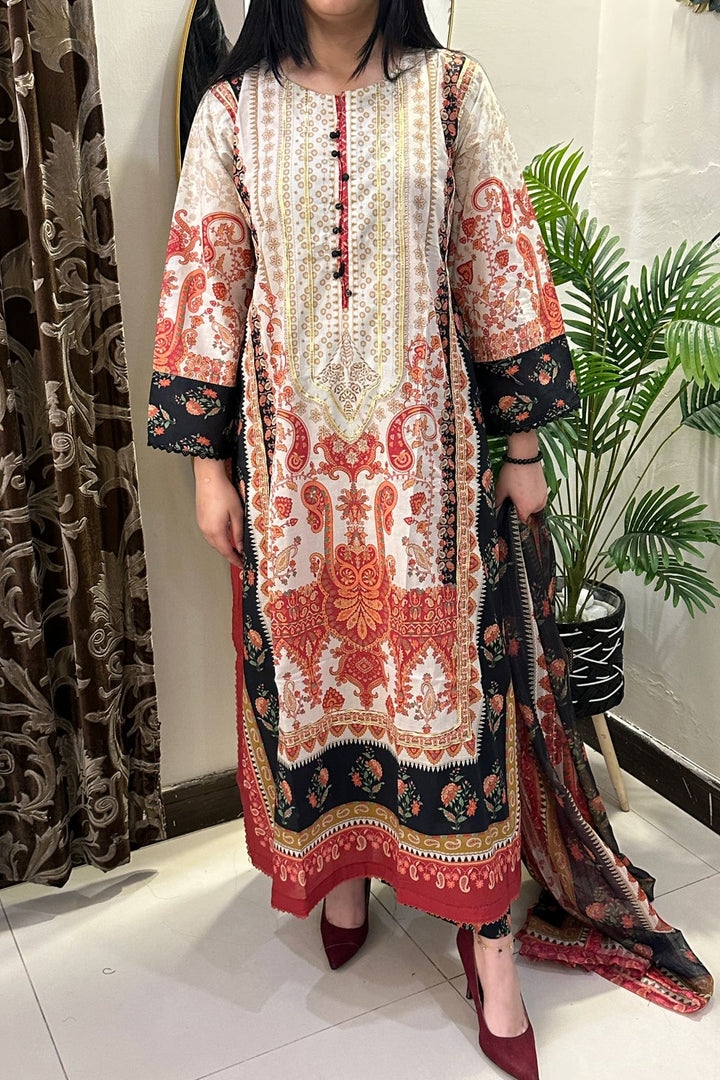 Ivory & Rust Paisley Printed 3 Piece Lawn Suit with Dupatta