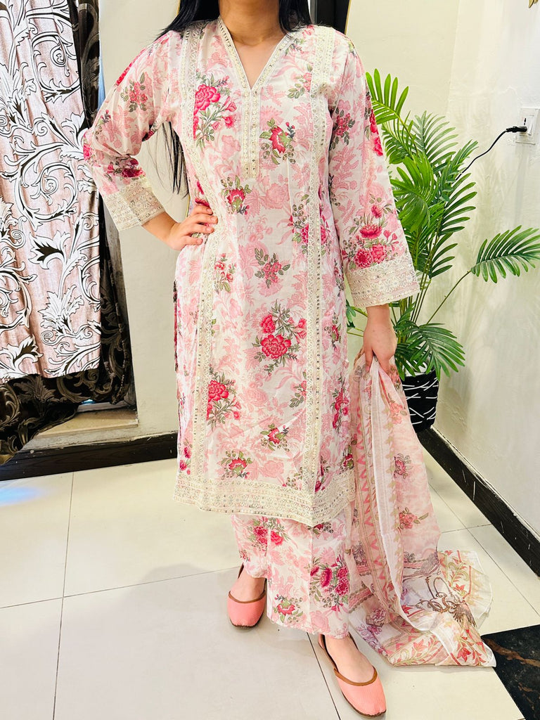 Blush Pink Floral 3-Piece Lawn Suit with Lace