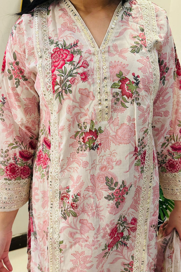 Blush Pink Floral 3-Piece Lawn Suit with Lace