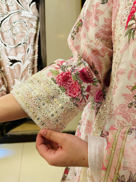 Blush Pink Floral 3-Piece Lawn Suit with Lace