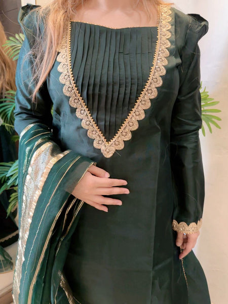 Emerald Green 3 Piece Embellished Suit with Organza Dupatta