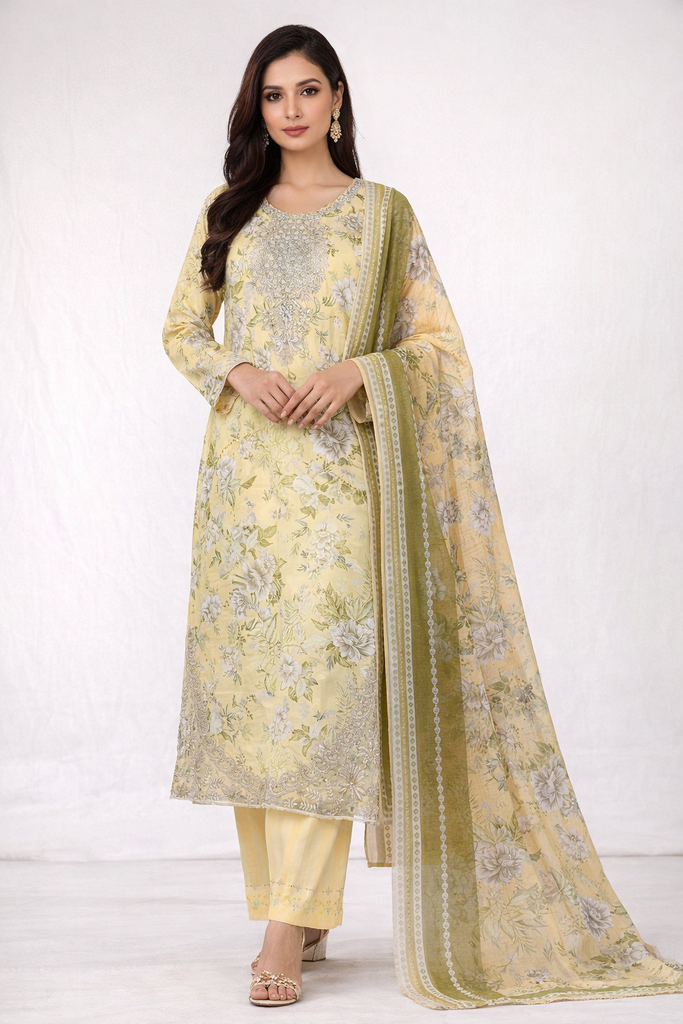 Yellow Floral Lawn 3 Piece Suit with Sequins Embroidered Neck & Daman