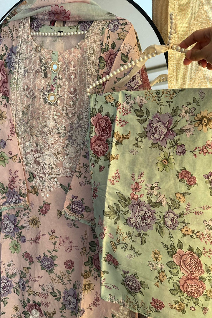Blush Pink Floral 3PC Suit – Embroidered Shirt with Contrast Trouser & minaar Dupatta