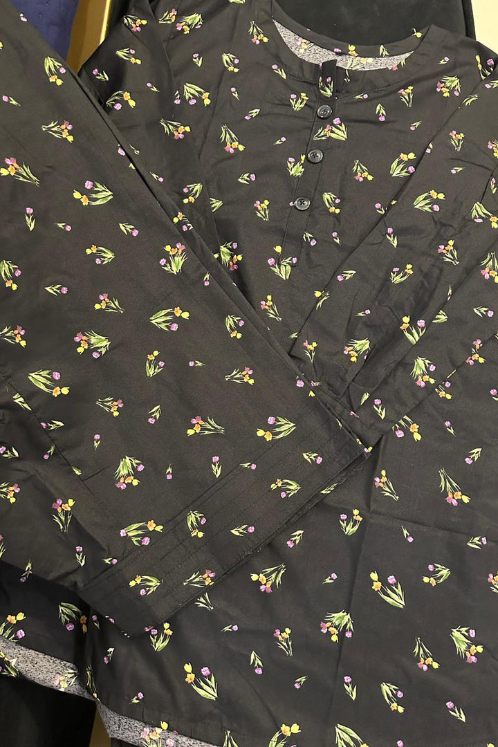 Black/navy Floral Basic Cotton 2PC Suit with Farshi Shalwar – Everyday Wear