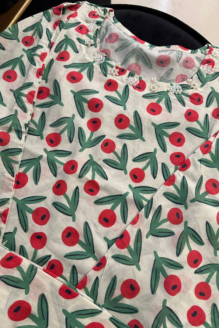 Cherry Floral Cotton 2-Piece Suit – Soft Print with Handmade Neck Detail