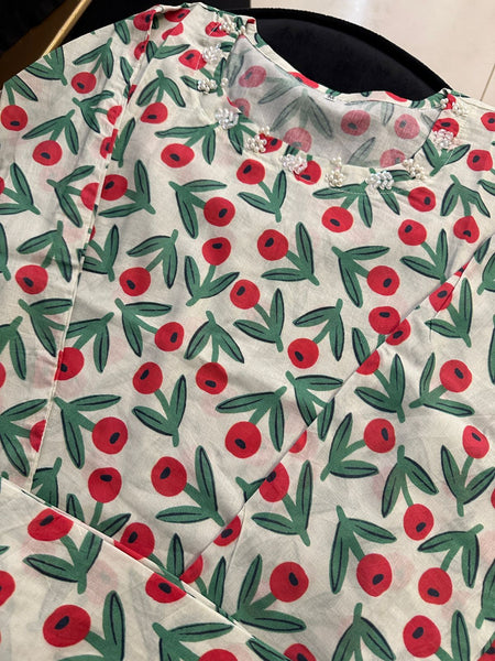 Cherry Floral Cotton 2-Piece Suit – Soft Print with Handmade Neck Detail