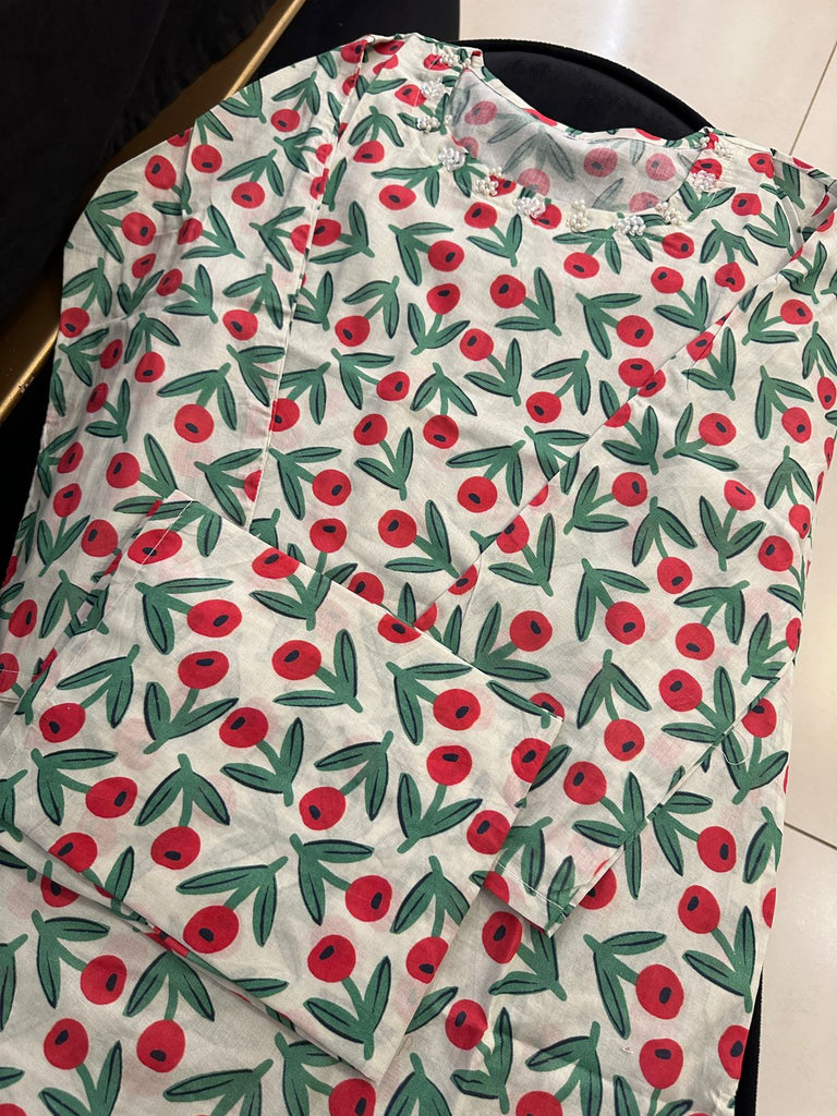 Cherry Floral Cotton 2-Piece Suit – Soft Print with Handmade Neck Detail