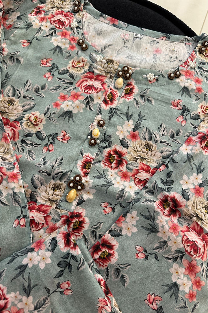 Elegant Floral Printed 2PC Set with Embellished Neck – Soft Pastel Lawn Outfit (42 Length Shirt)