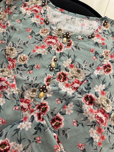 Elegant Floral Printed 2PC Set with Embellished Neck – Soft Pastel Lawn Outfit (42 Length Shirt)