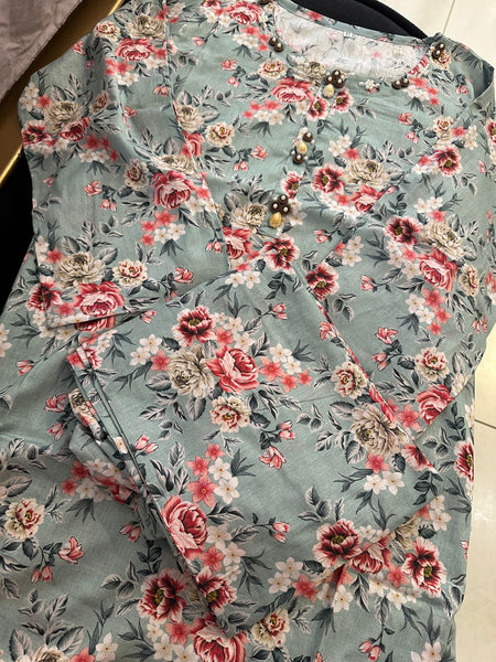 Elegant Floral Printed 2PC Set with Embellished Neck – Soft Pastel Lawn Outfit (42 Length Shirt)