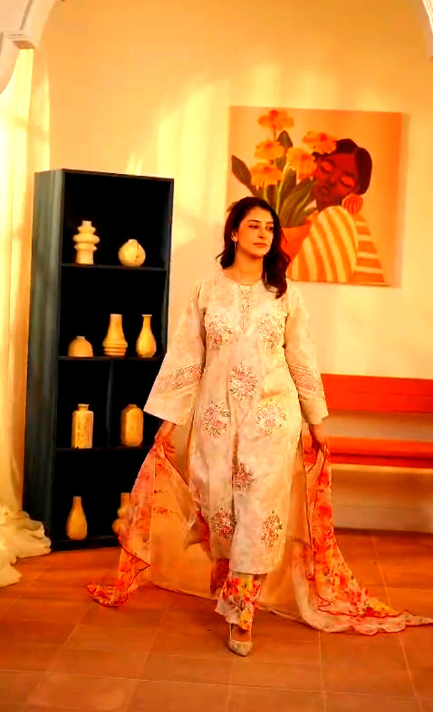 Ivory Floral Embroidered Kurta Set with Printed Silk Chiffon Dupatta